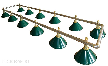 Бильярдный светильник на двенадцать плафонов «Evergreen» (серебристо-золотистая штанга, зеленый плафон D35см) 75.008.12.0