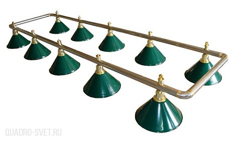 Бильярдный светильник на десять плафонов «Evergreen» (серебристо-золотистая штанга, зеленый плафон D35см) 75.008.10.0