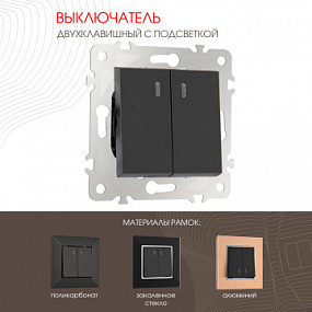 Выключатель двухклавишный с подсветкой, 10AX 250V 203.31-2.black Arte Milano