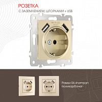 Розетка с заземлением, шторками + 2 USB, 16A 250V, USB DC 5V 2.1A 206.47-1.shampan Arte Milano