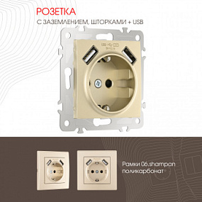 Розетка с заземлением, шторками + 2 USB, 16A 250V, USB DC 5V 2.1A 206.47-1.shampan Arte Milano