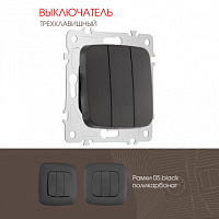 Выключатель трёхклавишный, 10AX 250V 205.30-3.black Arte Milano