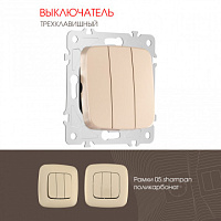 Выключатель трёхклавишный, 10AX 250V 205.30-3.shampan Arte Milano