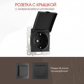 Розетка с заземлением, шторками и защитной крышкой, 16A 250V 206.41-1.black Arte Milano