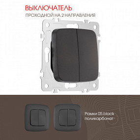 Выключатель двухклавишный проходной (на 2 направления), 10AX 250V 205.32-2.black Arte Milano