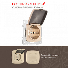 Розетка с заземлением, шторками и защитной крышкой, 16A 250V 205.41-1.shampan Arte Milano
