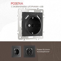 Розетка с заземлением, шторками + 2 USB, 16A 250V, USB DC 5V 2.1A 206.47-1.black Arte Milano