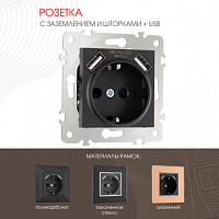 Розетка с заземлением, шторками + USB, 16A 250V, USB DC 5V 2.1A 203.47-1.black Arte Milano