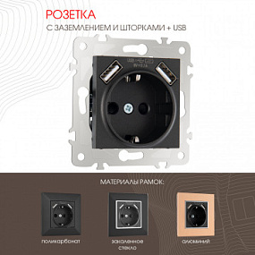 Розетка с заземлением, шторками + USB, 16A 250V, USB DC 5V 2.1A 203.47-1.black Arte Milano