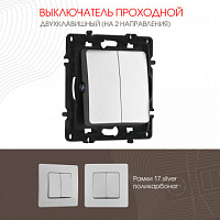 Выключатель двухклавишный проходной (на 2 направления), 10AX 250V 217.32-2.silver Arte Milano