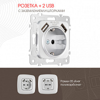 Розетка с заземлением, шторками + 2 USB, 16A 250V, USB DC 5V 2.1A 205.47-1.silver Arte Milano
