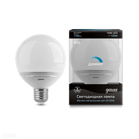 Лампа GAUSS светодиодная диммируемая шар E27 14W 4100К